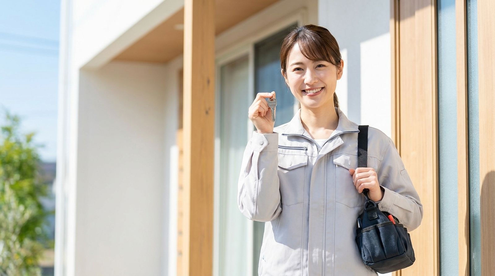 笑顔で鍵を手にする女性の作業スタッフ