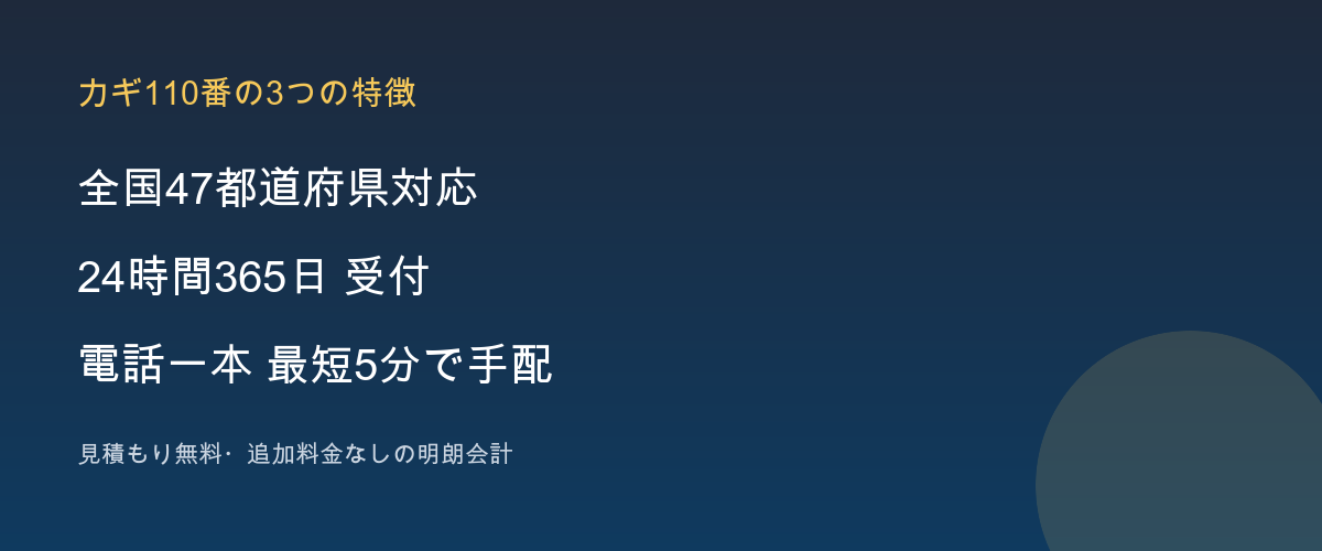 カギ110番の3つの特徴(全国対応・24時間365日・最短5分手配)